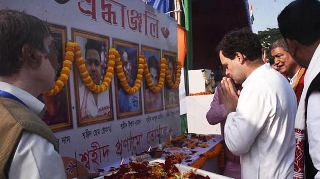 Gandhi visited Guwahati on Saturday and visited the homes of two people — Sam Stafford and Dipanjal Das — killed in firing by security forces during protests against the CAA. (PTI) Gandhi visited Guwahati on Saturday and visited the homes of two people — Sam Stafford and Dipanjal Das — killed in firing by security forces during protests against the CAA. (PTI)