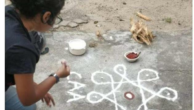 DMK’s Thoothukkudi MP Kanimozhi Karunanidhi slammed the TN Police and said it is only today that she learnt that drawing rangoli is anti-national.(HT Photo)