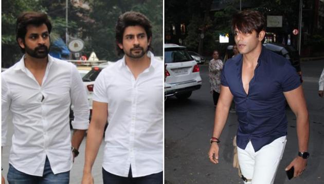 Hussain Kuwajerwala, Manish Goel and Karanvir Bohra at Kushal Punjabi’s prayer meet.(Varinder Chawla)