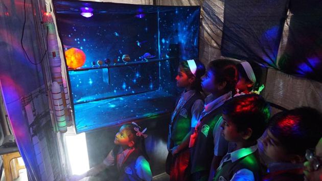 Students display a project on kitchen equipments during the 26th annual science exhibition, at St. Xavier's School in Thane, Maharashtra. (Praful Gangurde / HT Photo)