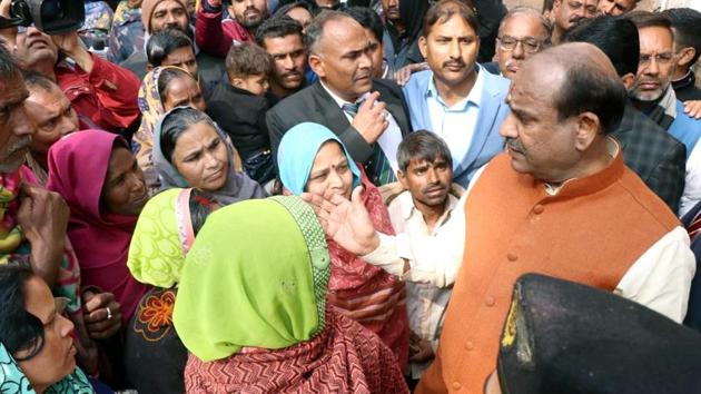 Lok Sabha Speaker Om Birla interacting with relatives, over the incident of the death of 10 newborns at J K Lone Maternal and Child Hospital in Kota on Sunday.(ANI Photo) Lok Sabha Speaker Om Birla interacting with relatives, over the incident of the death of 10 newborns at J K Lone Maternal and Child Hospital in Kota on Sunday.(ANI Photo)