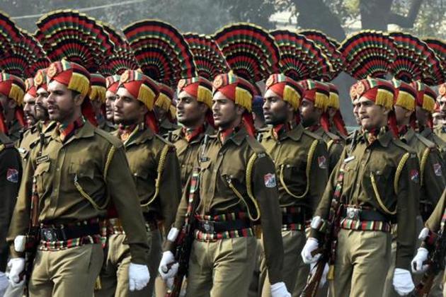 New Delhi, India- January 18, 2016: Indian army soldiers march past during rehearsals for the upcoming Republic Day Parade 2016 at Rajpath, in New Delhi, India. On Monday, January 18, 2016, French soldiers will march down Rajpath on Republic Day along with Indian troops in the presence of President Francois Hollande, who is the chief guest for India's upcoming 67th Republic Day, to be celebrated on January 26. This is the first time that a foreign army will march down Rajpath, along with Indian troops, as part of the Republic Day celebrations. ( Photo by Sonu Mehta/ Hindustan Times) (Hindustan Times) New Delhi, India- January 18, 2016: Indian army soldiers march past during rehearsals for the upcoming Republic Day Parade 2016 at Rajpath, in New Delhi, India. On Monday, January 18, 2016, French soldiers will march down Rajpath on Republic Day along with Indian troops in the presence of President Francois Hollande, who is the chief guest for India's upcoming 67th Republic Day, to be celebrated on January 26. This is the first time that a foreign army will march down Rajpath, along with Indian troops, as part of the Republic Day celebrations. ( Photo by Sonu Mehta/ Hindustan Times) (Hindustan Times)
