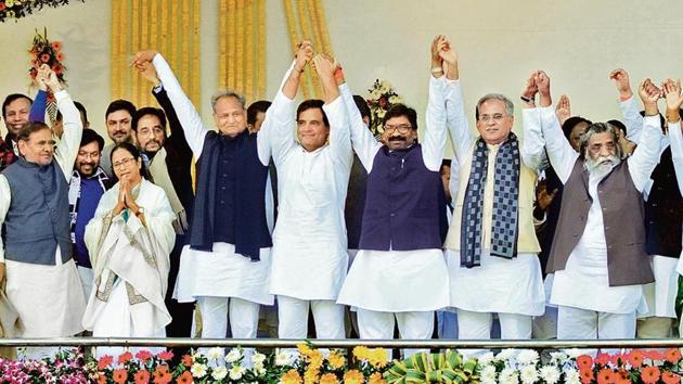 Chief Minister Hemant Soren after being administered the oath of office, is seen accompanied by Rahul Gandhi, Mamata Banerjee, Ashok Gehlot, Bhupesh Baghel, Sitaram Yechuri, D Raja, , JMM President Shibu Soren , and others at Morabadi ground in Ranchi. (Diwakar Prasad/Hindustan Times) Chief Minister Hemant Soren after being administered the oath of office, is seen accompanied by Rahul Gandhi, Mamata Banerjee, Ashok Gehlot, Bhupesh Baghel, Sitaram Yechuri, D Raja, , JMM President Shibu Soren , and others at Morabadi ground in Ranchi. (Diwakar Prasad/Hindustan Times)
