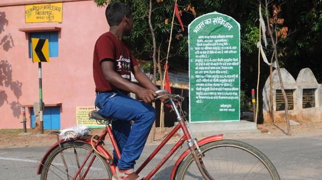 Some of tribal belts, especially in Khunti district had witnessed a separatist movement--Pathalgadi. Pathalgadi is a practice of raising stone plaques at village outskirts with warnings and declarations inscribed on it. The plaques declared village gram sabha, the only sovereign authority.(Parwaz Khan/ Hindustan Times)