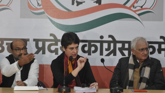 Congress general secretary Priyanka Gandhi Vadra at a press conference in Lucknow on Monday. (Deepak Gupta/HT) Congress general secretary Priyanka Gandhi Vadra at a press conference in Lucknow on Monday. (Deepak Gupta/HT)