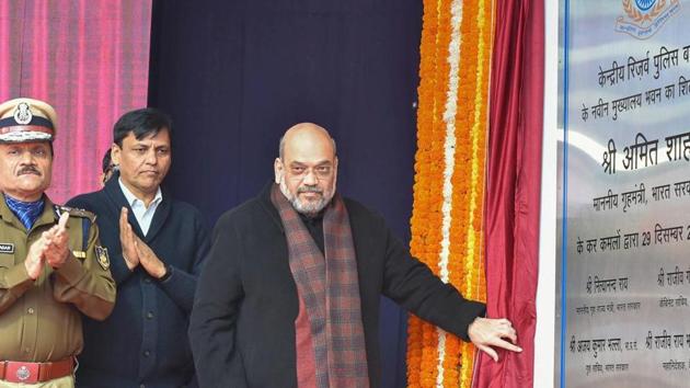 Union Home Minister Amit Shah during the foundation laying ceremony of Directorate General building of CRPF in New Delhi.(PTI Photo)