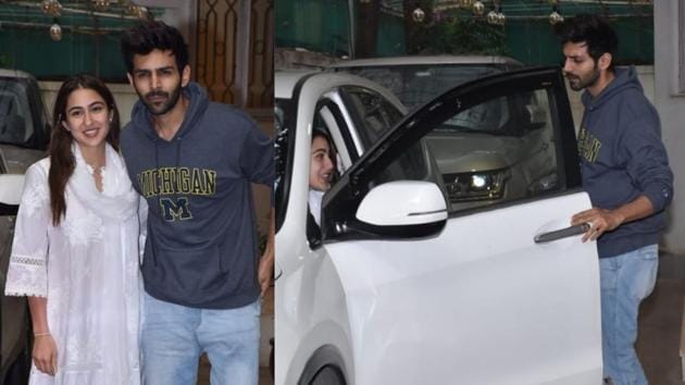 Sara Ali Khan and Kartik Aaryan were spotted together in Mumbai on Sunday.(Varinder Chawla)