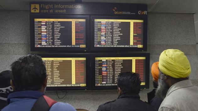 Passengers seen at Terminal 3 IGI Airport on a cold winter morning, in New Delhi. Also, 500 flights were delayed and 21 were diverted from Delhi airport this morning due to heavy fog, reported ANI. (Sanjeev Verma / HT Photo) Passengers seen at Terminal 3 IGI Airport on a cold winter morning, in New Delhi. Also, 500 flights were delayed and 21 were diverted from Delhi airport this morning due to heavy fog, reported ANI. (Sanjeev Verma / HT Photo)
