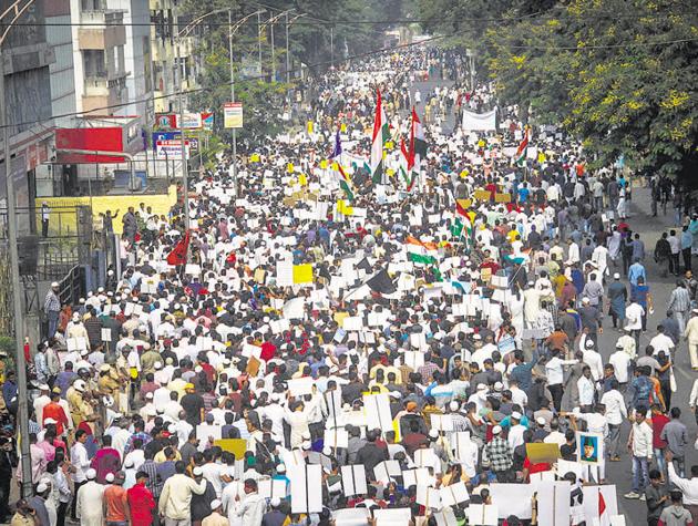 At least 50,000 protestors participated in a rally which began at Golibar Maidan in the city’s Cantonment area and concluded at the divisional commissioner’s office on Sunday. (PTI) At least 50,000 protestors participated in a rally which began at Golibar Maidan in the city’s Cantonment area and concluded at the divisional commissioner’s office on Sunday. (PTI)