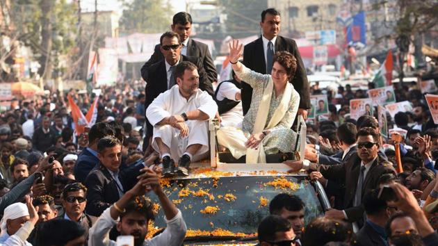 Congress president Rahul Gandhi and party general secretary (in-charge of east UP) Priyanka Gandhi Vadra during a roadshow in Lucknow on February 11. The 2019 general elections saw Priyanka Gandhi step into the fray taking charge of the party in eastern Uttar Pradesh in a move that was seen, in the run-up to the polls, as a game changer for the party in the state. (Subhankar Chakraborty/HT Photo) Congress president Rahul Gandhi and party general secretary (in-charge of east UP) Priyanka Gandhi Vadra during a roadshow in Lucknow on February 11. The 2019 general elections saw Priyanka Gandhi step into the fray taking charge of the party in eastern Uttar Pradesh in a move that was seen, in the run-up to the polls, as a game changer for the party in the state. (Subhankar Chakraborty/HT Photo)