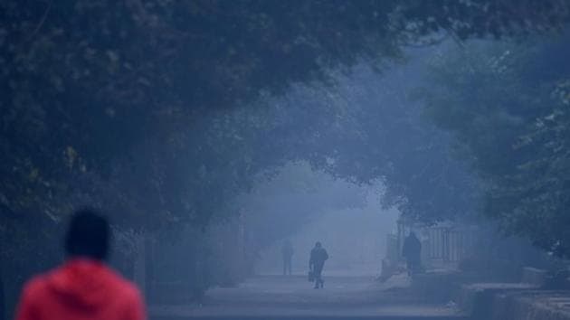 People out on a foggy morning at Moti Bagh in New Delhi, on 28 December.(HT PHOTO)