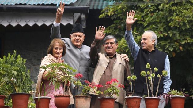 Detained National Conference (NC) president Farooq Abdullah with a delegation at his residence in Srinagar, Jammu and Kashmir (J&K), on October 6. The Centre, on August 5, revoked the special status granted to J&K under Article 370 of the Constitution. Several political leaders were detained and remain so. NC vice president Omar Abdullah and PDP chief Mehbooba Mufti are among them. (Waseem Andrabi/HT Photo) Detained National Conference (NC) president Farooq Abdullah with a delegation at his residence in Srinagar, Jammu and Kashmir (J&K), on October 6. The Centre, on August 5, revoked the special status granted to J&K under Article 370 of the Constitution. Several political leaders were detained and remain so. NC vice president Omar Abdullah and PDP chief Mehbooba Mufti are among them. (Waseem Andrabi/HT Photo)
