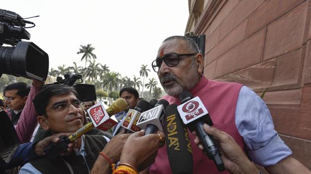 BJP Member of Parliament Giriraj Singh speaks to reporters at Parliament House in New Delhi.(Burhaan Kinu/HT PHOTO)