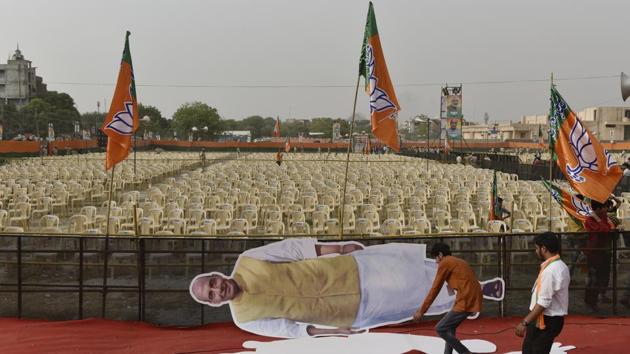 A large cut-out of Rajnath Singh seen ahead of his election rally at Shastri Park in New Delhi on May 1. Defence Minister Rajnath Singh won the Lucknow Lok Sabha seat with a margin of 3,47,302 votes. The senior BJP leader secured 6,33,026 votes, beating his nearest rival Poonam Shatrughan Sinha of the Samajwadi Party who bagged 2,85,724 votes. (Sanchit Khanna/HT Photo) A large cut-out of Rajnath Singh seen ahead of his election rally at Shastri Park in New Delhi on May 1. Defence Minister Rajnath Singh won the Lucknow Lok Sabha seat with a margin of 3,47,302 votes. The senior BJP leader secured 6,33,026 votes, beating his nearest rival Poonam Shatrughan Sinha of the Samajwadi Party who bagged 2,85,724 votes. (Sanchit Khanna/HT Photo)