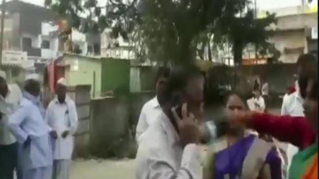 In a video of the incident that went viral, women Shiv Sena workers are seen pouring ink on Sunil Kulkarni.(Photo: ANI)