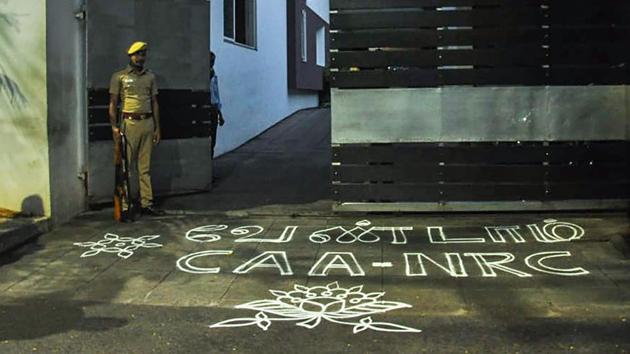 A 'Rangoli' against CAA and NRC seen outside the residence of the DMK President M K Stalin, in Chennai, Monday morning, Dec. 30, 2019.(PTI file photo) A 'Rangoli' against CAA and NRC seen outside the residence of the DMK President M K Stalin, in Chennai, Monday morning, Dec. 30, 2019.(PTI file photo)