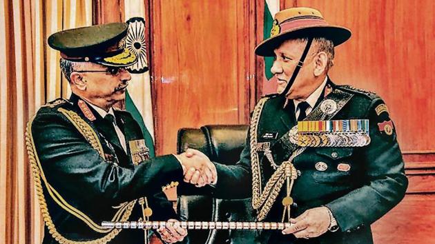 Gen MM Naravane takes charge as army chief from Gen Bipin Rawat in New Delhi on Tuesday. (PTI Photo) Gen MM Naravane takes charge as army chief from Gen Bipin Rawat in New Delhi on Tuesday. (PTI Photo)