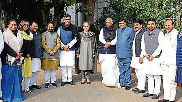Congress president Sonia Gandhi with Maharashtra Congress leaders in New Delhi on Tuesday.(PTI)