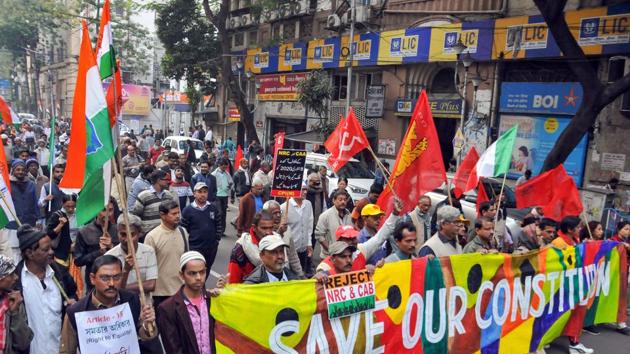 Left Front parties and Congress workers participate in a joint protest rally against CAA, NRC and NPR.(PTI) Left Front parties and Congress workers participate in a joint protest rally against CAA, NRC and NPR.(PTI)