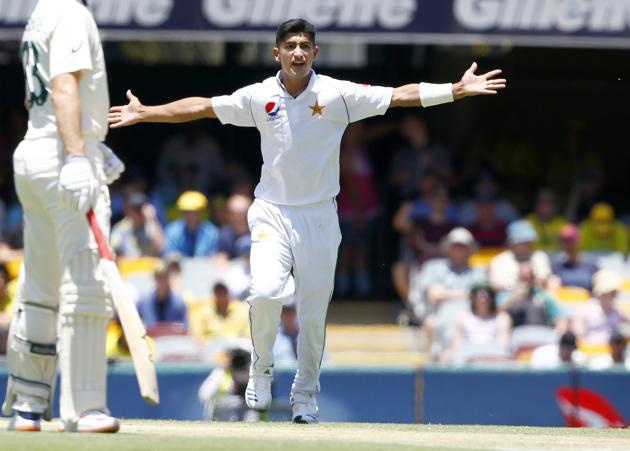 Pakistan's Naseem Shah appeals for the wicket of Australia's David Warner during their cricket test match in Brisbane, Australia. (AP) Pakistan's Naseem Shah appeals for the wicket of Australia's David Warner during their cricket test match in Brisbane, Australia. (AP)