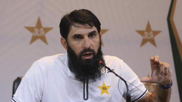 Pakistan's cricket chief selector and head coach Misbah-ul-Haq speaks to reporters at Pakistan Cricket Board in Lahore, Pakistan.(AP)