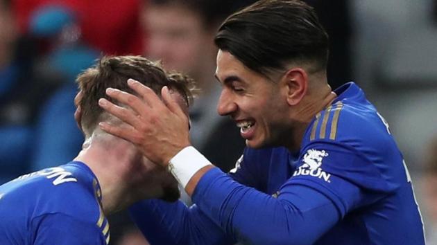 Leicester City's Ayoze Perez celebrates scoring their first goal.(Action Images via Reuters)