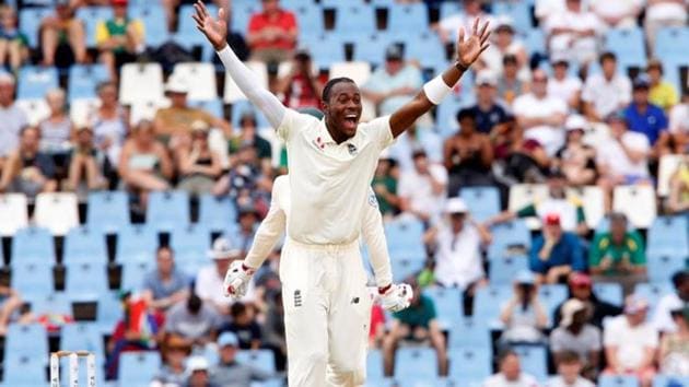 England's Jofra Archer appeals succesfully for the wicket of South Africa's Rassie van der Dussen.(REUTERS)