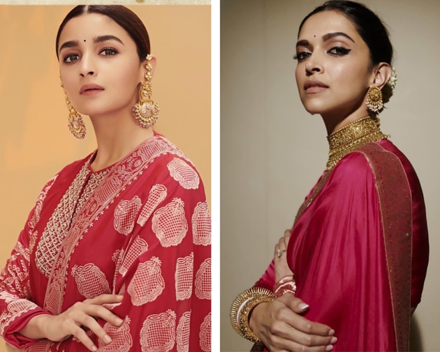 Alia’s Ekaya Banaras outfit and Deepika’s Raw Mango saree may be different, but the way both the ladies have been styled is quite identical. The heavy earrings, the bold colour palette of the ensemble, tight gelled back neat bun, defined eye make-up, with nude lips, in fact, even the pose! They look like identical versions of each other. (INSTAGRAM)