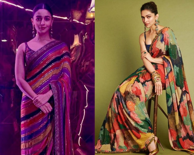 Luxury couturier Sabyasachi Mukerji is easily Deepika Padukone’s go-to designer, and the actor always wears his designs. She was recently spotted wearing a hand-painted multi-coloured abstract print saree by the designer which she wore will lots of jewellery. She sported long danglers and her signature bun. Not too long ago Alia too was spotted in a saree from the same collection, and while the colours on both the sarees shared the same brilliant hues, Alia’s had symmetrical stripes all over it, while Deepika’s had an abstract pattern. Alia too wore long danglers and had her hair up in a tight bun. (INSTAGRAM)