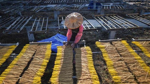 A worker placing incense sticks on a wooden platform to dry at the Fujian Xingquan Incense Factory. “Making incense is very important for my family. It’s not just a business. It’s also to preserve an ancestral craft and a traditional religious culture,” said Hong, 31, standing amid rows of brightly coloured incense sticks. (Hector Retamal/AFP) A worker placing incense sticks on a wooden platform to dry at the Fujian Xingquan Incense Factory. “Making incense is very important for my family. It’s not just a business. It’s also to preserve an ancestral craft and a traditional religious culture,” said Hong, 31, standing amid rows of brightly coloured incense sticks. (Hector Retamal/AFP)