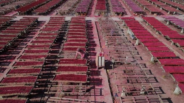 A worker placing incense sticks on wooden platforms to dry at the Fujian Xingquan Incense Factory. (Hector Retamal/AFP) A worker placing incense sticks on wooden platforms to dry at the Fujian Xingquan Incense Factory. (Hector Retamal/AFP)