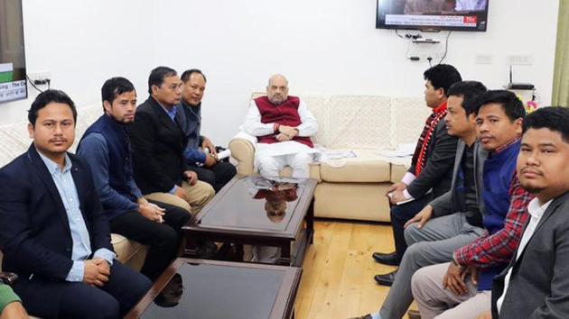 Union Home Minister Amit Shah with delegations of IPFT and Joint Movement Against Citizenship Amendment Act from Tripura on December 12. (ANI) Union Home Minister Amit Shah with delegations of IPFT and Joint Movement Against Citizenship Amendment Act from Tripura on December 12. (ANI)
