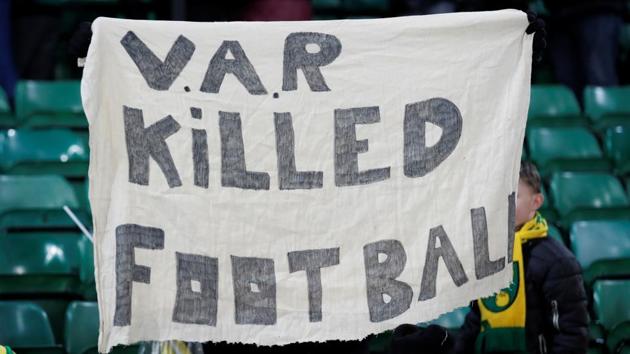 Norwich City fans hold up a banner regarding VAR after the match.(Action Images via Reuters)
