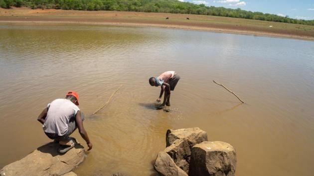 Herd boys wash their feet after an effort to pull out a cow stuck in the muddy water of the drying Mabwematema dam. Zimbabwe is experiencing one of the worst droughts in history, blamed on the effects of the El Nino weather cycle. (ZINYANGE AUNTONY / AFP) Herd boys wash their feet after an effort to pull out a cow stuck in the muddy water of the drying Mabwematema dam. Zimbabwe is experiencing one of the worst droughts in history, blamed on the effects of the El Nino weather cycle. (ZINYANGE AUNTONY / AFP)