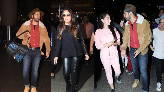 Varun Dhawan, Natasha Dalal, Nora Fatehi seen at the Mumbai airport. (Varinder Chawla) Varun Dhawan, Natasha Dalal, Nora Fatehi seen at the Mumbai airport. (Varinder Chawla)