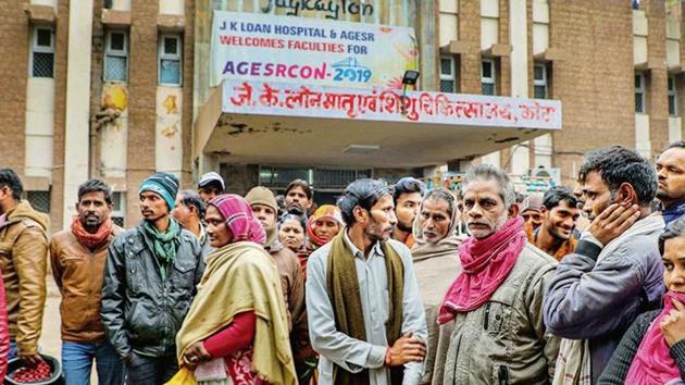 Families of infants wait outside Kota’s JK Lone hospital on Thursday. (PTI Photo) Families of infants wait outside Kota’s JK Lone hospital on Thursday. (PTI Photo)
