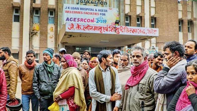 Families of infants wait outside Kota’s JK Lone hospital on Thursday. (PTI Photo) Families of infants wait outside Kota’s JK Lone hospital on Thursday. (PTI Photo)