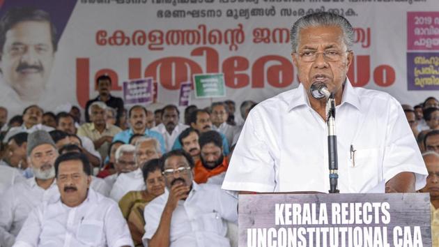 Kerala Chief Minister Pinarayi Vijayan speaks during a protest against the CAA in Thiruvananthapuram, on December 16, 2019.(PTI Photo) Kerala Chief Minister Pinarayi Vijayan speaks during a protest against the CAA in Thiruvananthapuram, on December 16, 2019.(PTI Photo)