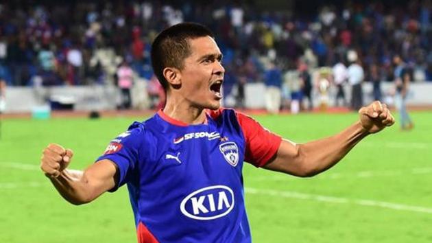 Bengaluru FC Sunil Chhetri celebrates after winning. (PTI) Bengaluru FC Sunil Chhetri celebrates after winning. (PTI)