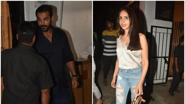 John Abraham and Priya Runchal were clicked on a dinner date on Friday night.(Varinder Chawla)