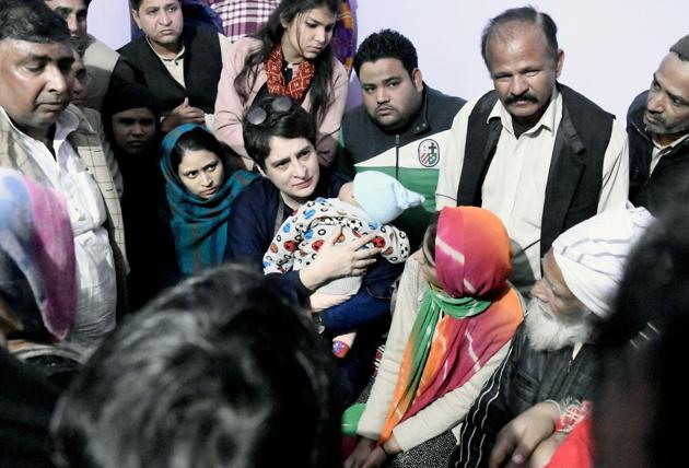 Congress general secretary Priyanka Gandhi Vadra meets the family members of ‘police firing victims’ in Meerut on Saturday. (ANI) Congress general secretary Priyanka Gandhi Vadra meets the family members of ‘police firing victims’ in Meerut on Saturday. (ANI)