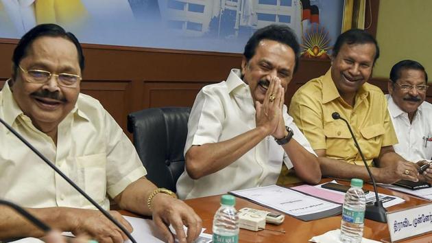 Out of the total 515 district panchayat ward member posts, the DMK combine won 237 (DMK 215, Congress 13, CPI 7, and CPI(M) 2) while the AIADMK front emerged successful in 210 seats (AIADMK 187, PMK 16, BJP 5 and DMDK 2).(PTI Photo)