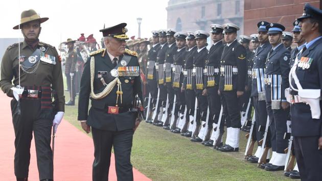 General Bipin Rawat inspects the Guard of Honour after he was appointed India’s first Chief of Defence Staff (CDS), at South Block lawns in New Delhi on January 1. (Arvind Yadav / HT Photo)