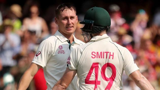 File image: Australia’s Marnus Labuschagne (L) celebrates scoring a century (100 runs) with Steve Smith. (AFP) File image: Australia’s Marnus Labuschagne (L) celebrates scoring a century (100 runs) with Steve Smith. (AFP)