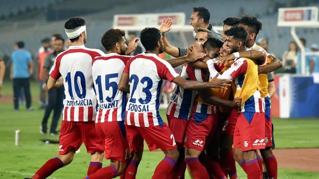 ATK celebrate after scoring. (PTI) ATK celebrate after scoring. (PTI)
