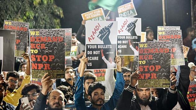 People hold placards during a protest against NRC and CAA at Osmania University Campus in Hyderabad. (ANI Photo.) People hold placards during a protest against NRC and CAA at Osmania University Campus in Hyderabad. (ANI Photo.)