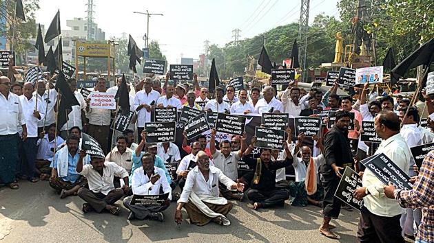 In Andhra Pradesh, people protest against the three capital proposal in Amaravati.(ANI PHOTO.)