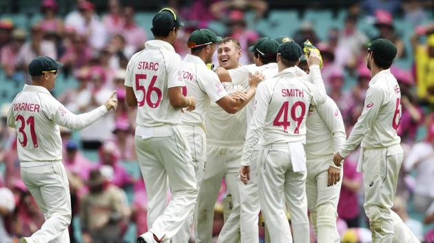 Marnus Labuschagne, center, celebrates with teammates.(AP)