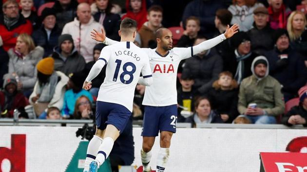 Tottenham Hotspur's Lucas Moura celebrates scoring their first goal with Giovani Lo Celso.(Action Images via Reuters)