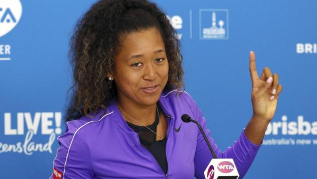 Naomi Osaka of Japan talks to the media(AP)